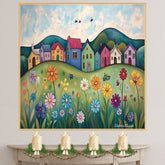 Peaceful Folk Art Canvas – Colorful Village Houses and Wildflowers on Rolling Hills Under Blue Sky on Ready to Hang 1.5" Thick Canvas Wrap, Floating Framed Canvas, Flat Rolled Canvas